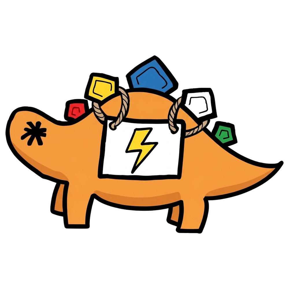 Flashy the stegosaurus carrying flash cards