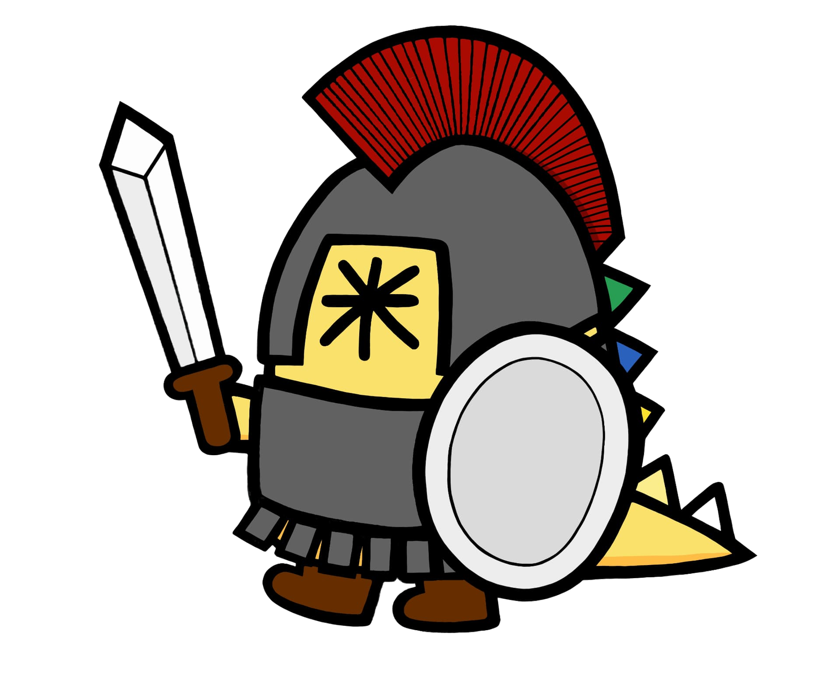 A dinosaur knight with a sword and shield ready to attack