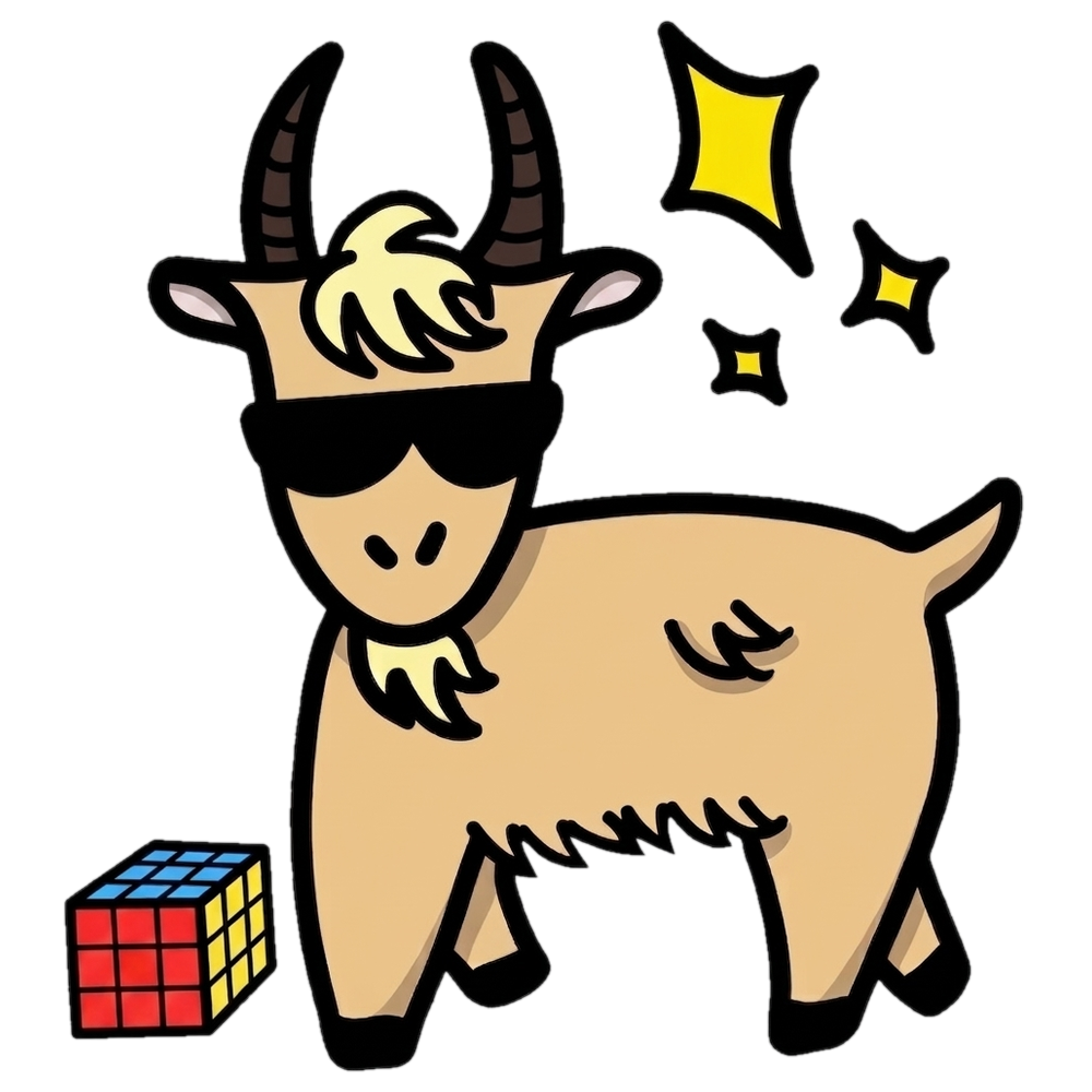 Goaty the goat in sunglasses next to a Rubik's cube