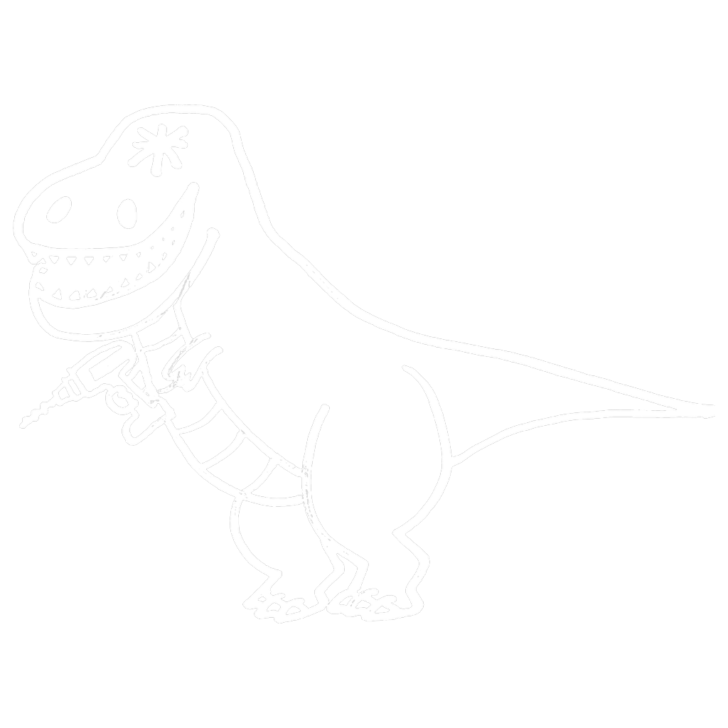 Drilly the T-rex holding a power drill