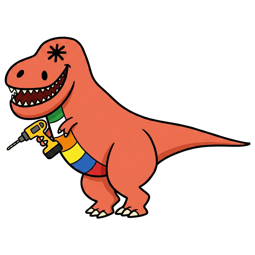 Drilly the T-rex holding a power drill